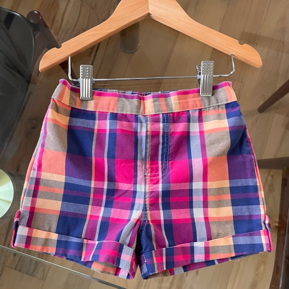 3/$20💥NEW Madras Plaid Pull-On Shorts, Fuchsia Pink Peach Blue, Button Cuffs